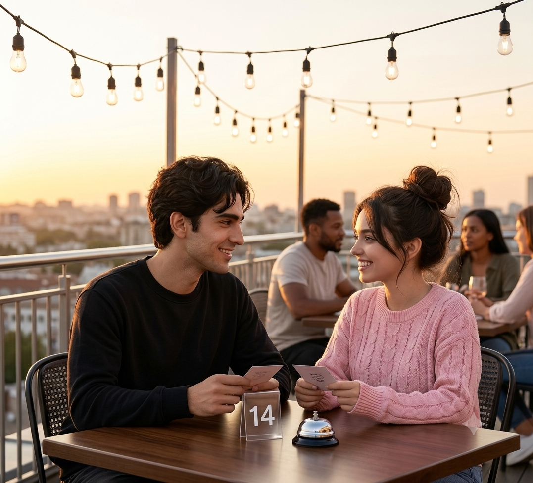 Couple speed dating at a rooftop mixer