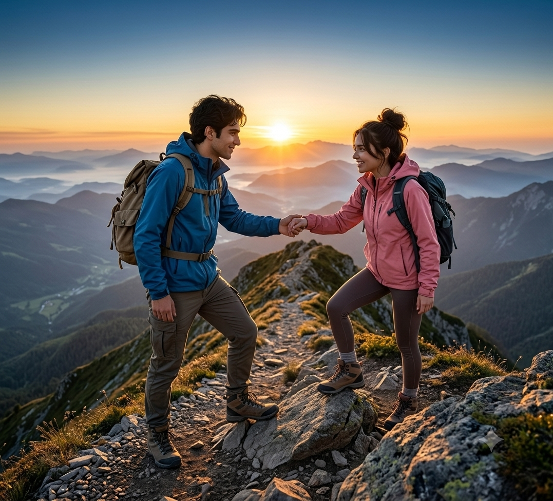 Couple trekking together at sunrise
