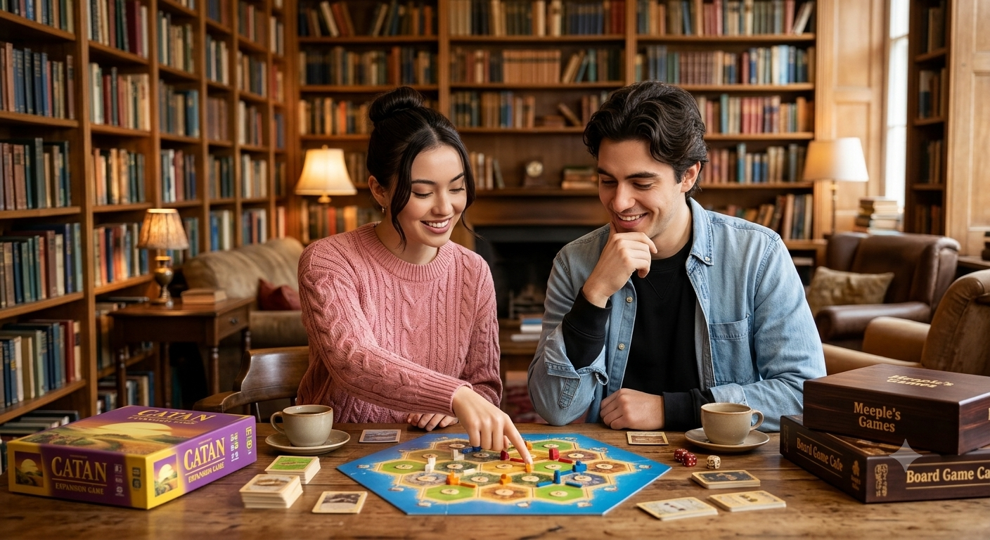 Couple playing a board game at a café