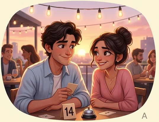 Couple speed dating at a rooftop mixer