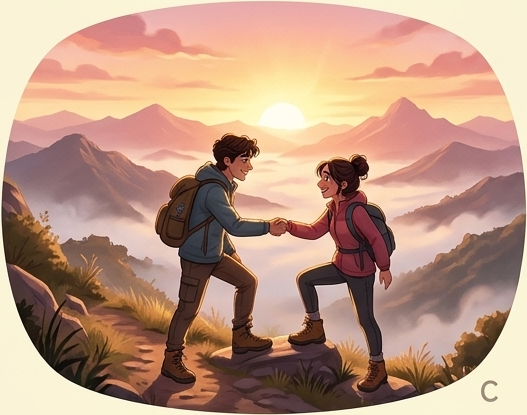Couple trekking together at sunrise