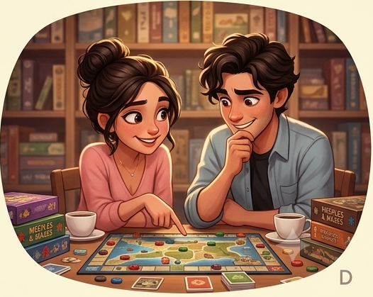 Couple playing a board game at a café