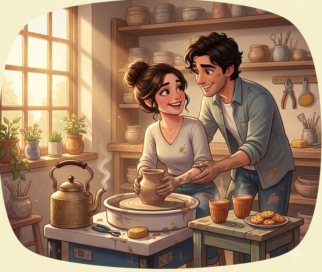 Couple making pottery over chai in the morning