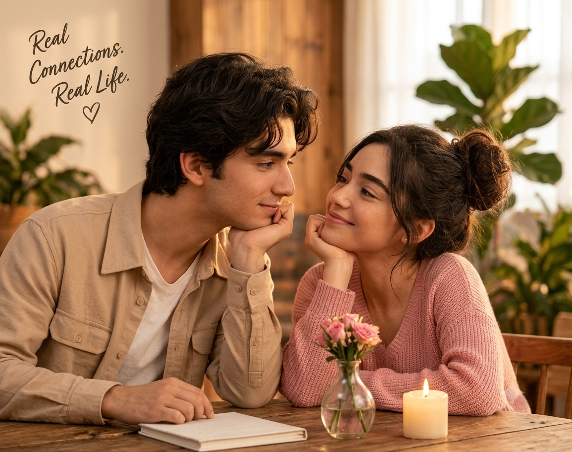 The couple smiling at each other across a café table